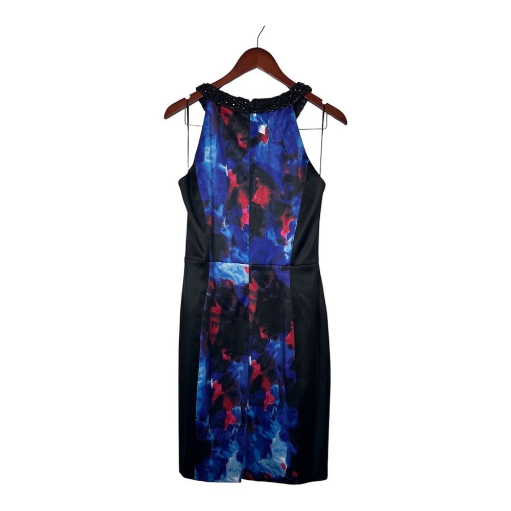 JAX Floral Sheath Dress Women 12 Black Blue Beaded Halter Neck - Picture 3 of 12